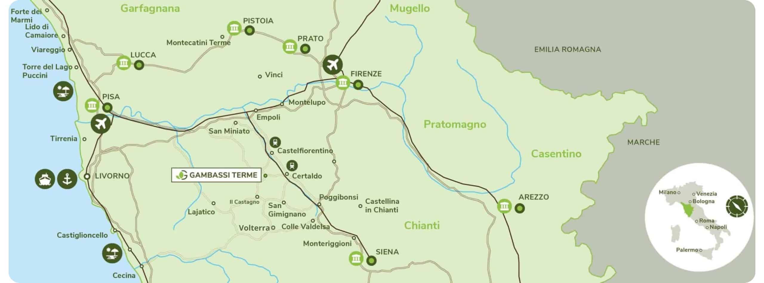 Nella mappa sono riportati i luoghi principali indicati dagli itinerari suggeriti, oltre ai vari collegamenti possibili coi diversi mezzi di trasporto